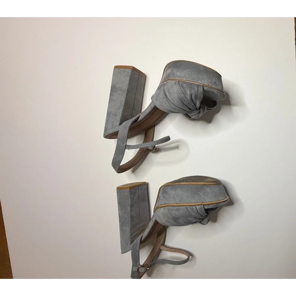 Shu Shop‎ Blue Grey Faux Suede Knotted Platform Block Heel Sandals Womens  7/12